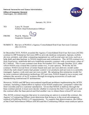 Read Review of Nasa's Agency Consolidated End-User Services Contract (Ig-14-013). - Office of the Investigator General file in PDF
